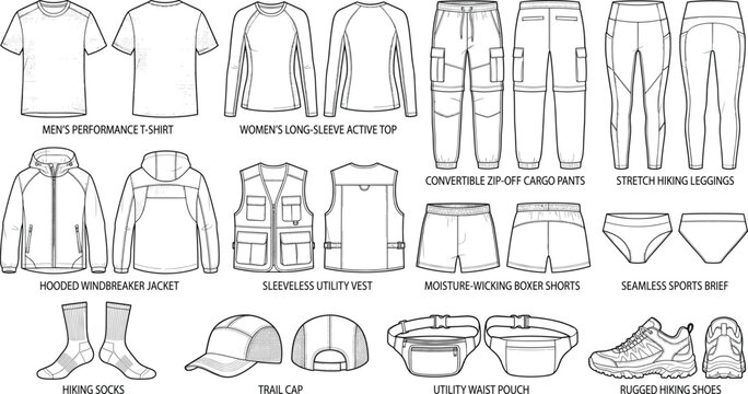 Vector technical flat sketches of outdoor activewear and hiking apparel collection front and back views