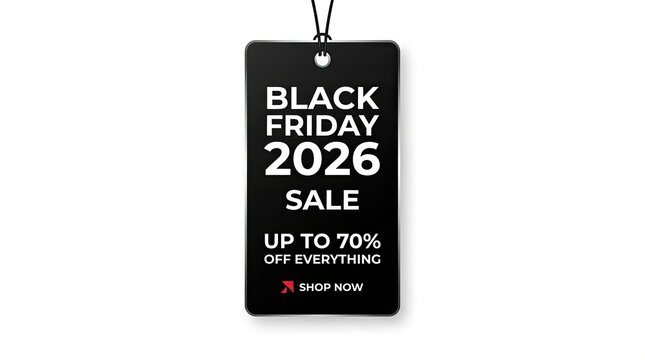A professional black promotional price tag design for a 2026 Black Friday seasonal shopping event featuring a bold seventy percent off discount announcement and a clear call to action button for custo