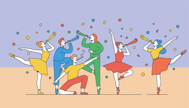 Energetic ballet dancers celebrating with party blowers and confetti while dancing on stage in colorful outfits.