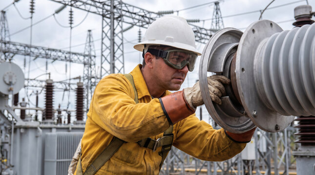 power technician in yellow safety gear inspecting high voltage substation equipment industrial electrical worker portrait with hard hat and insulated gloves grid maintenance and safety