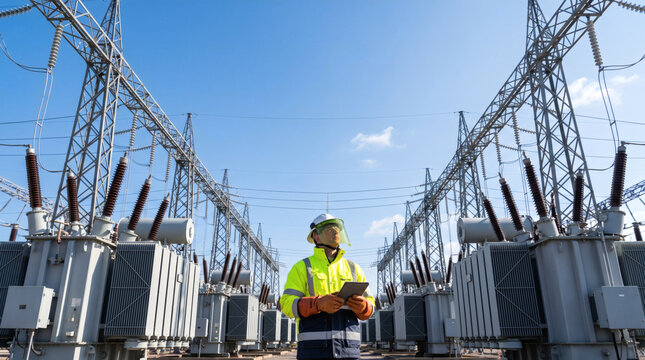 electrical utility worker in high voltage substation safety gear power grid infrastructure energy distribution industrial scale protective equipment copy space photorealistic transmission towers trans