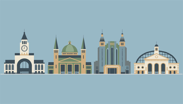 Collection of diverse historical and modern city buildings including clock tower, cathedral, and railway station.