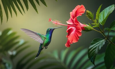 Naklejka premium Hummingbird feeding on hibiscus flower in lush garden