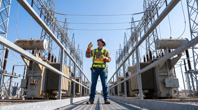 electrical utility worker in full safety gear inspecting high voltage substation low angle industrial power grid infrastructure lone technician in protective equipment amid transformers and transmissi