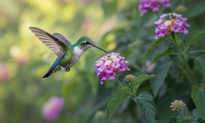 Naklejka premium Hummingbird in flight, feasting on flowers