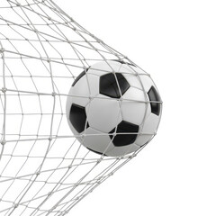 Naklejka premium Soccer ball in goal net isolated on white background