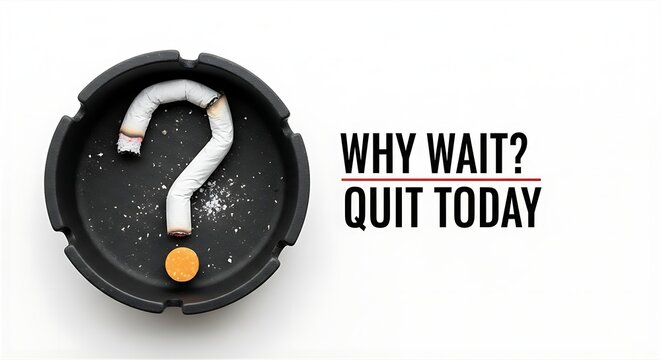 Cigarette Shaped as Question Mark in Ashtray With Why Wait Quit Today Message