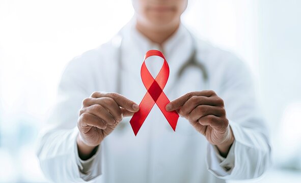 Medical professional holds a red ribbon, symbolizing awareness and support (2)