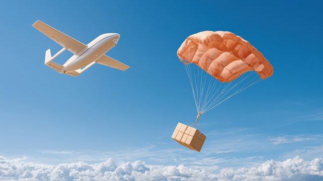 Fixed wing delivery drone in action releasing package with parachute. Modern shipping technology concept above clouds