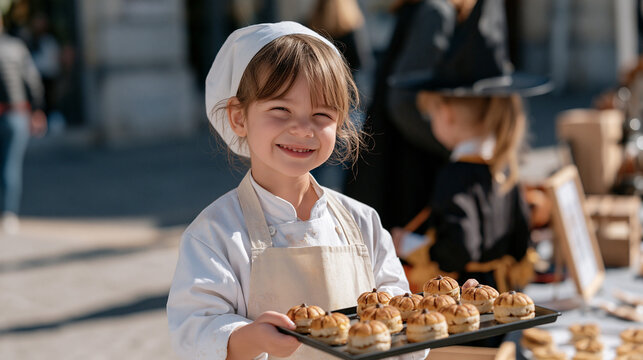 A catering service child apprentice squinting under harsh midday sun at an outdoor Halloween party, tiny chef apron dusted with flour, serving pumpkin themed mini pastries from a
