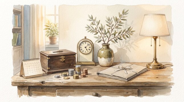 Retirement financial planning concept with savings box, coins, calendar, clock and olive branch in peaceful watercolor