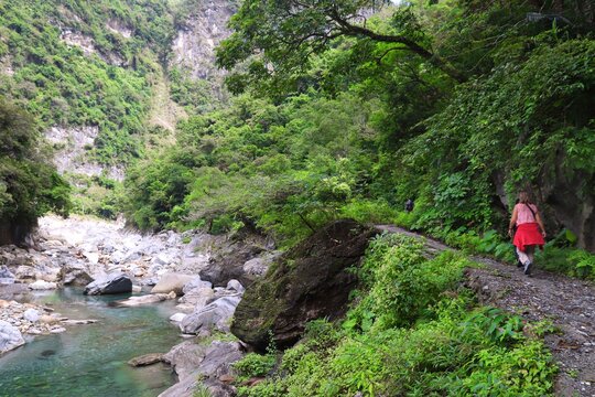 Taroko National Park in Taiwan. Shakadang hiking trail. Outdoors of Taiwan.