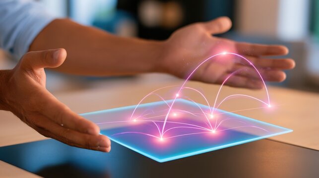 Person interacts with translucent holographic technology concept showing network connections
