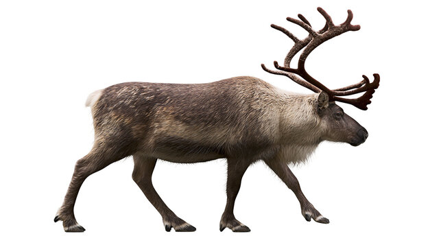 Reindeer with large antlers walking profile view