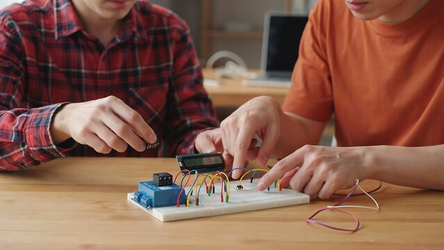 Engineering students collaborating together on complex electronic hardware circuit project using breadboard components and colorful wires at wooden desk table