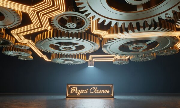 Large gears and glowing lines form a complex system.  A project name, "Project Chronos," is displayed below