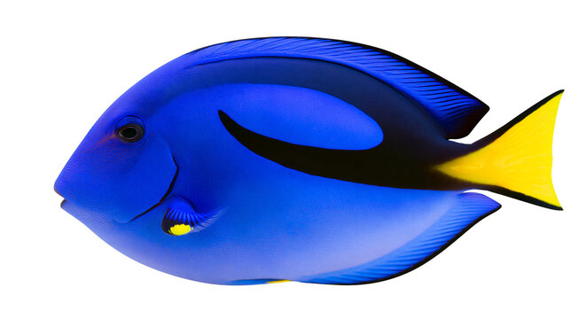 Blue tang fish with yellow tail and black markings