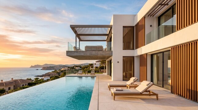 Modern luxury villa with infinity pool at sunset, contemporary coastal architecture, elegant seaside mansion with ocean view