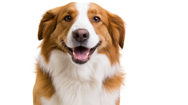 Happy brown and white dog with open mouth and pink tongue