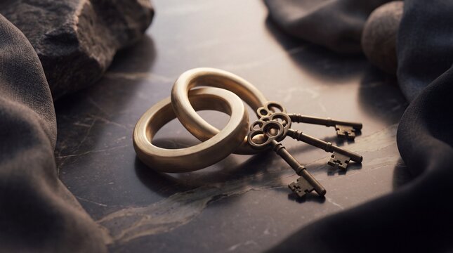 data security visuals, interlocking golden rings and cryptographic keys on black marble evoke elegance