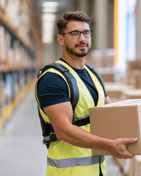 Confident warehouse worker wearing exoskeleton technology holds package