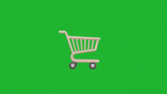 Premium realistic 3D animation of a generic empty shopping cart gently floating and rotating against a uniform chroma key green background. Suitable for ecommerce, online shopping, retail, digital com
