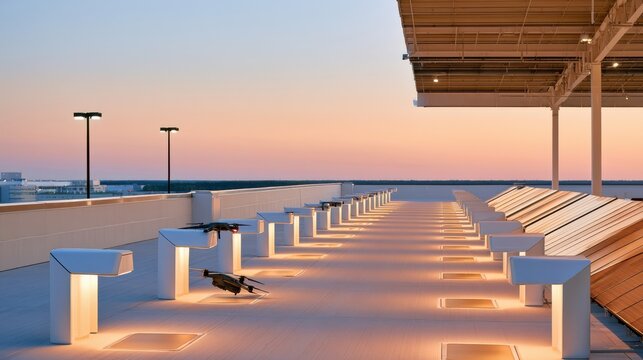 Bank of drones on rooftop charging cradles. Modern delivery technology concept at sunset
