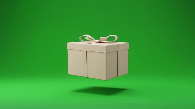 Premium realistic 3D animation of a generic unbranded gift box gently floating and slowly rotating against a perfectly uniform chroma key green background.