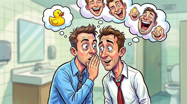 Two businessmen share a funny secret during a private conversation in a public restroom, sparking laughter