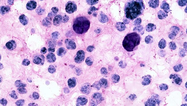 Microscopic view of cells with varied nuclei and cytoplasm, some large