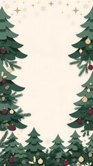 Fototapeta premium Vertical Christmas forest frame with stylized evergreen trees, gold stars and ornaments surrounding a warm cream center, ideal for holiday posters, invitations, cards and seasonal promotions