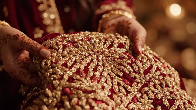 Elegant hands with mehndi admiring luxurious red and gold embroidered fabric.
