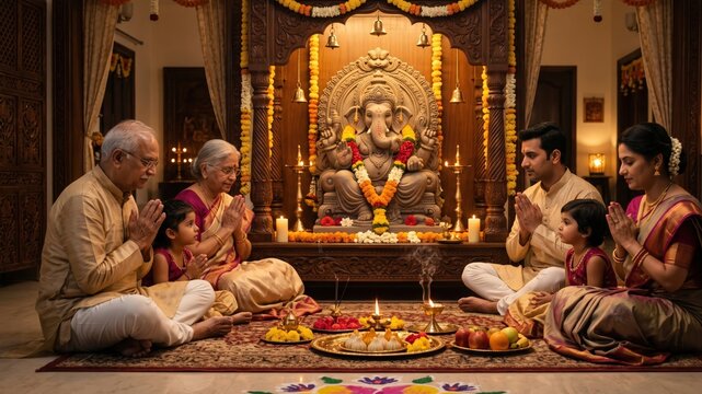 Indian Family Celebrating Ganesh Puja at Home with Decorated Ganesha Idol