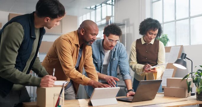 Office, team and people on tech for supply chain, shipping schedule and planning for logistics. Clipboard, meeting and workers on laptop with inventory list for distribution, delivery report or order