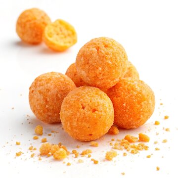 Close-up of crunchy orange cheese balls stacked on a white background with crumbs scattered around, showing a savory snack in a clean studio setting.