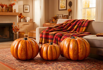 Fototapeta premium Autumn home decor and cozy fall season, pumpkins on a rug in a warm living room with a plaid blanket