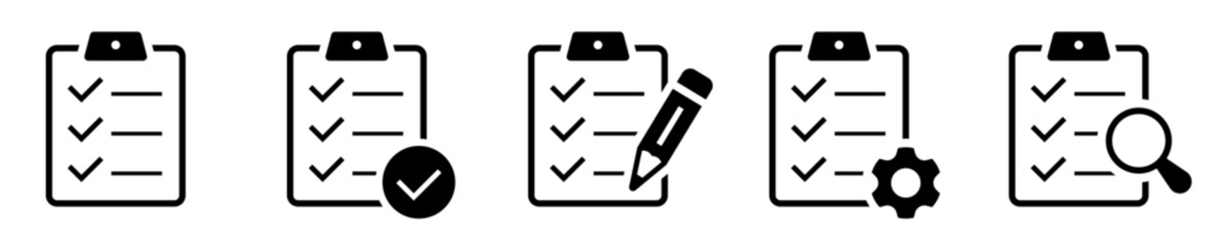Checklist clipboard icon set. Task list, survey form, document edit, system audit and management outline solid vector symbols.