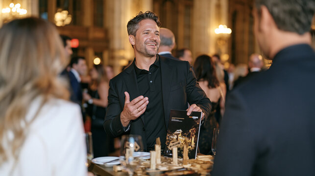 Theater usher navigates through a crowded ornate lobby guiding patrons toward their seats using wooden block directional signage models spread across a podium display, the sea of evening dressed att