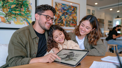 Fototapeta premium Usability testing session in a luxury home study where a family unit sits together around a tablet prototype simulating a shopping cart retail checkout flow, parents coaching children through the in