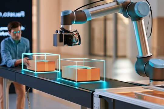 Futuristic technology with robotic arm scanning packages on conveyor belt