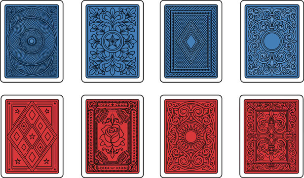Blue and Red Vintage Playing Card Backs Vector Set Featuring Ornate Floral Diamond Geometric Sun and Rose Patterns