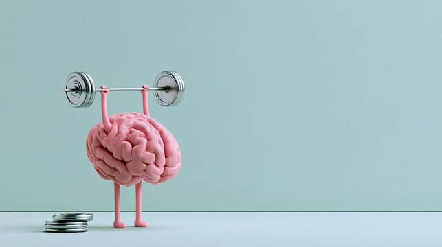 Animated brain with weights, lifting barbell. Concept of mental strength