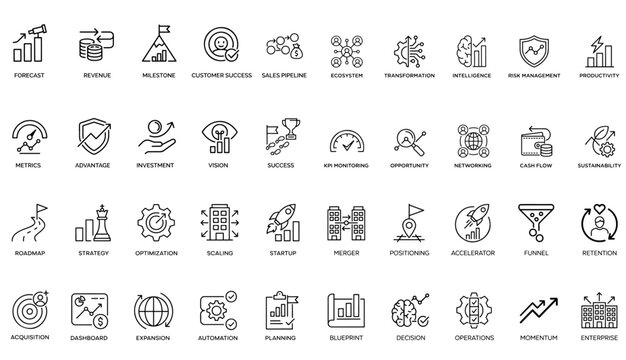 A collection of Growth Business icons set with editable stroke. Thin linear vector illustration