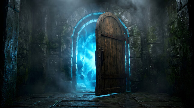 Ancient stone door opening to bright blue magical light
