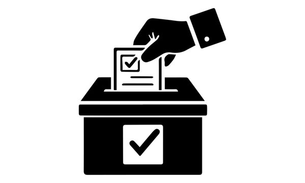 Hand putting vote ballot into box solid vector icon isolated on white background