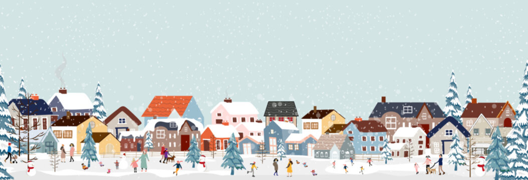 Winter Village Seamless Pattern With Snowy Houses, People, Pine Trees And Falling Snow, Christmas New Year 2027 Vector Landscape For Holiday Background, Wrapping Paper, Textile And Festive Wallpaper.