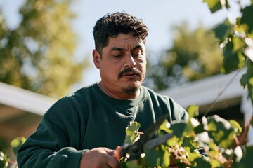 Naklejka premium Gardener pruning grapevine with shears for vineyard maintenance and seasonal vine care background