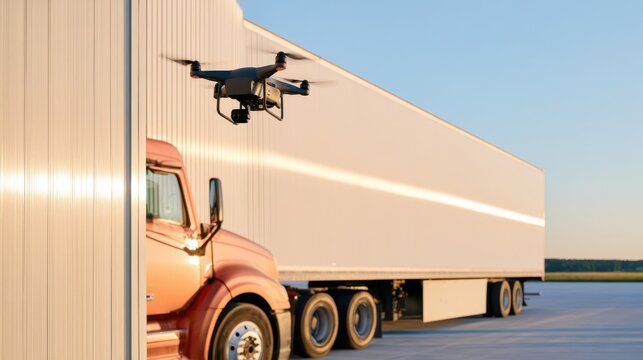 Small technology drone hovering close for truck inspection at warehouse