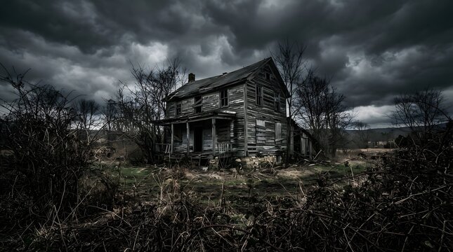 Dilapidated house in overgrown landscape