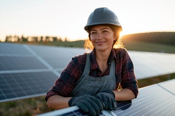 Fototapeta premium Female solar technician leaning on solar panels at golden hour with safety helmet and gloves for renewable energy background and banner design